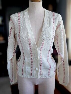 Vintage 90s White Pink V-neck Cotton Rammie Fall Autum Knit Cardigan